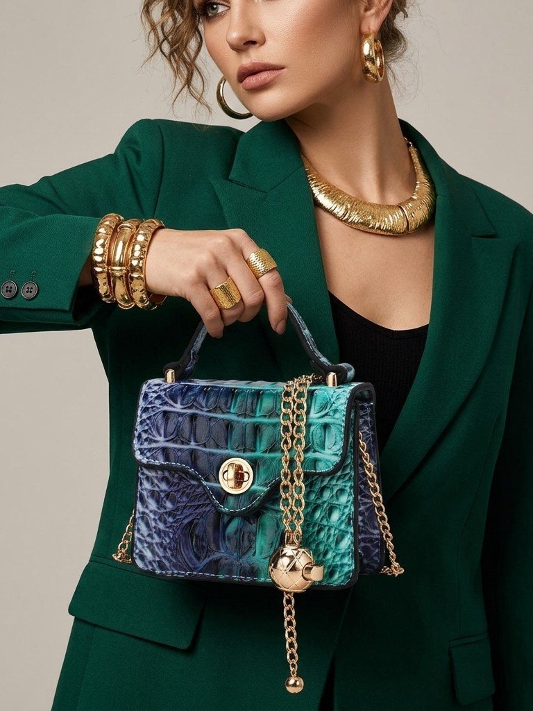 Aurora Croc Mini Top-Handle Bag- Gradient Rainbow Faux Crocodile Embossed-
